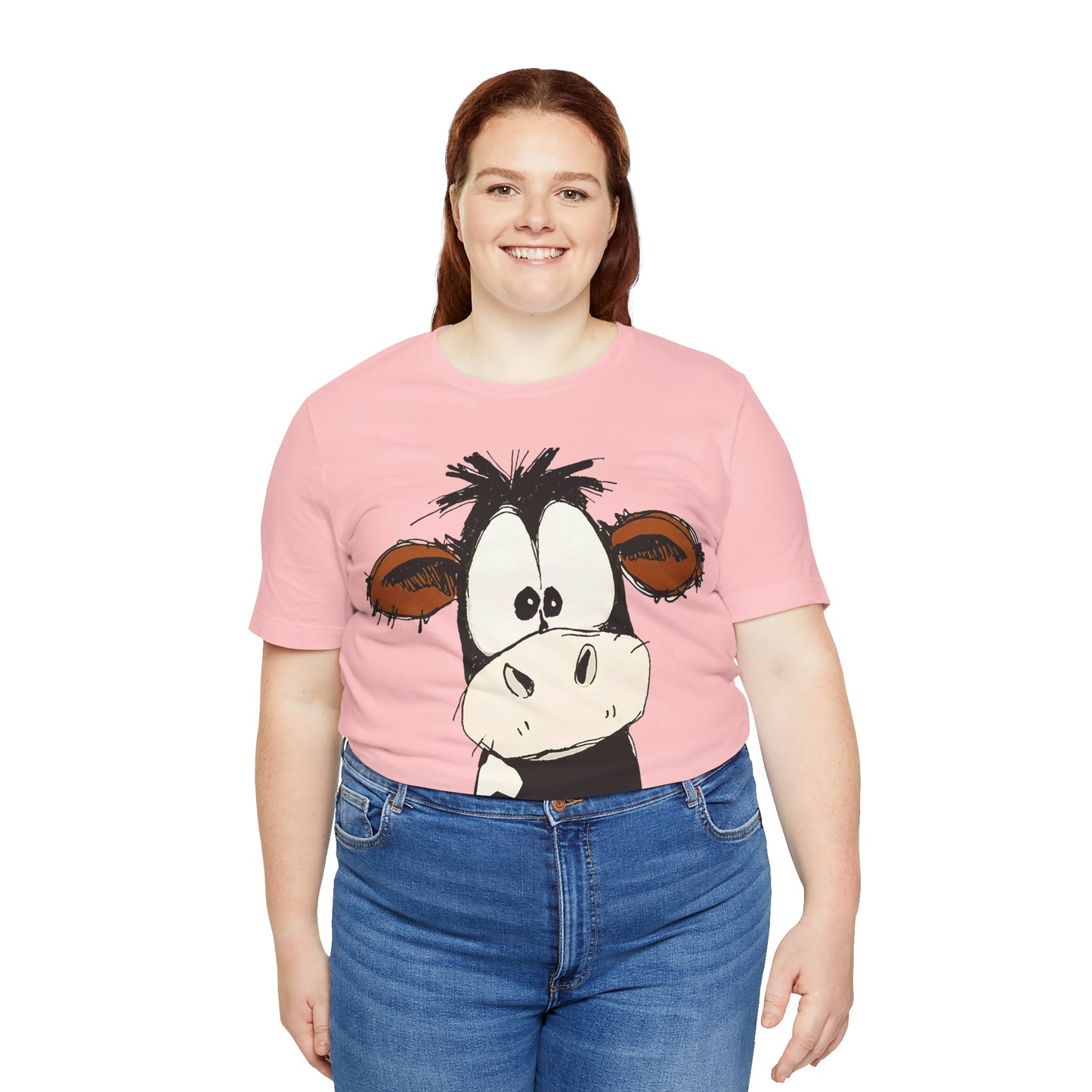 This STARTLED COW CARTOON Tee gives off a fun and quirky vibe, perfect for casual wear or as a statement piece. Ideal for those who love unique and whimsical designs.