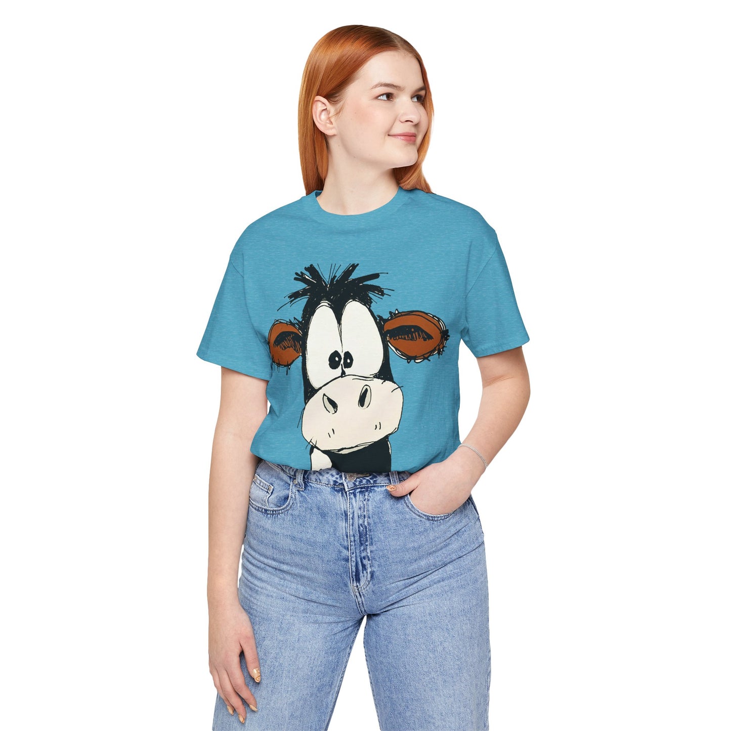 This STARTLED COW CARTOON Tee gives off a fun and quirky vibe, perfect for casual wear or as a statement piece. Ideal for those who love unique and whimsical designs.