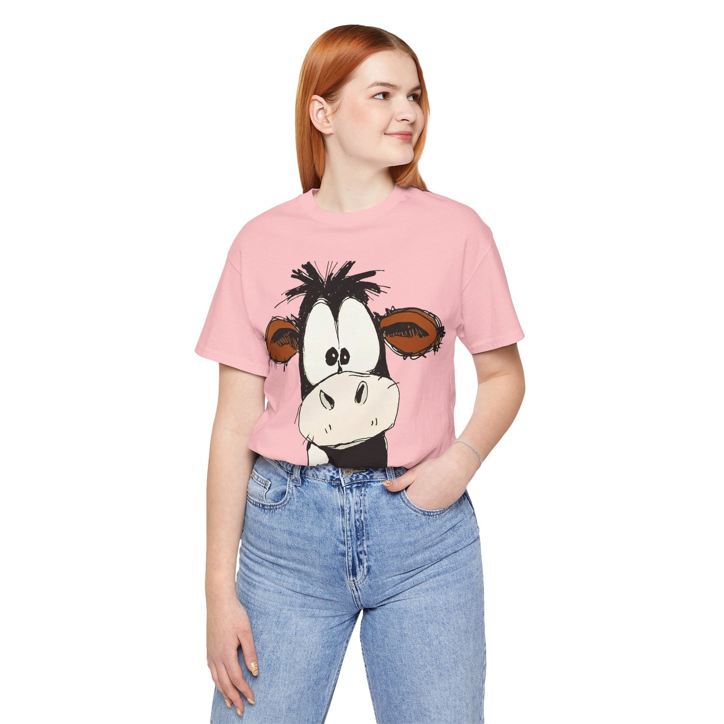This STARTLED COW CARTOON Tee gives off a fun and quirky vibe, perfect for casual wear or as a statement piece. Ideal for those who love unique and whimsical designs.
