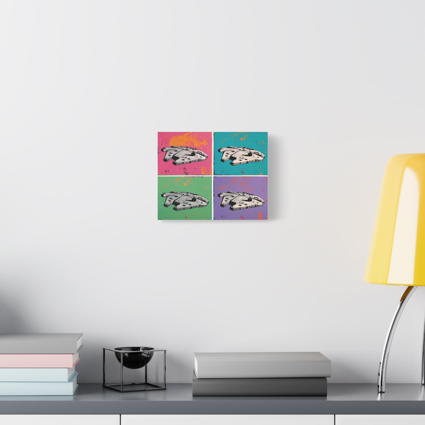 Millennium Falcon Pop Art Canvas – 4 Panel Star Wars Wall Decor, Colorful Retro Sci-Fi Spaceship Print