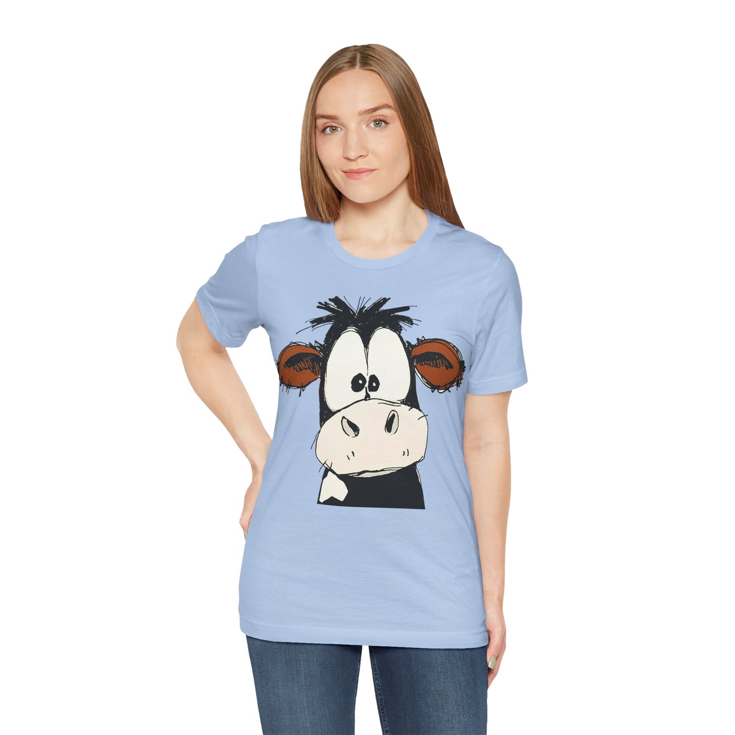 This STARTLED COW CARTOON Tee gives off a fun and quirky vibe, perfect for casual wear or as a statement piece. Ideal for those who love unique and whimsical designs.