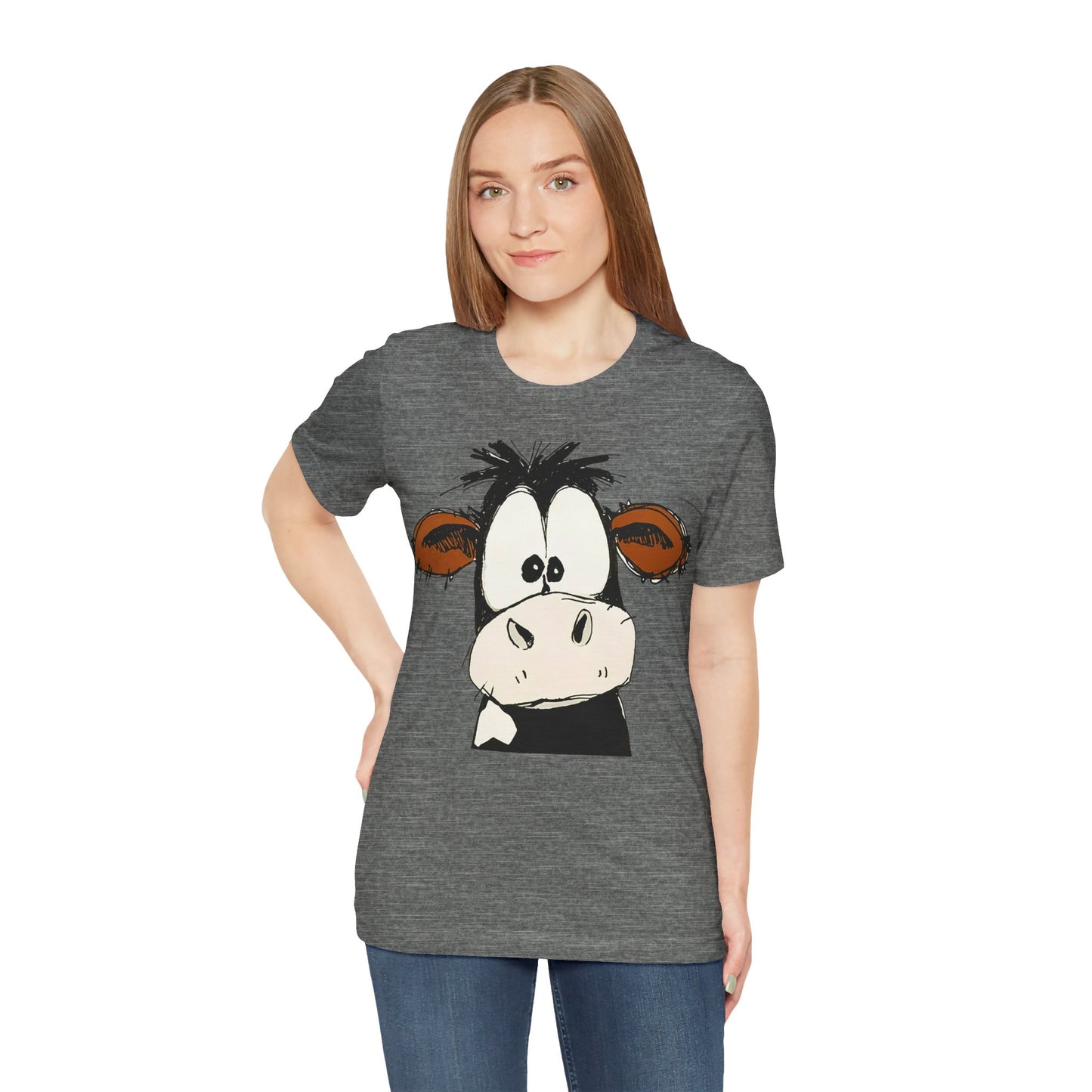 This STARTLED COW CARTOON Tee gives off a fun and quirky vibe, perfect for casual wear or as a statement piece. Ideal for those who love unique and whimsical designs.