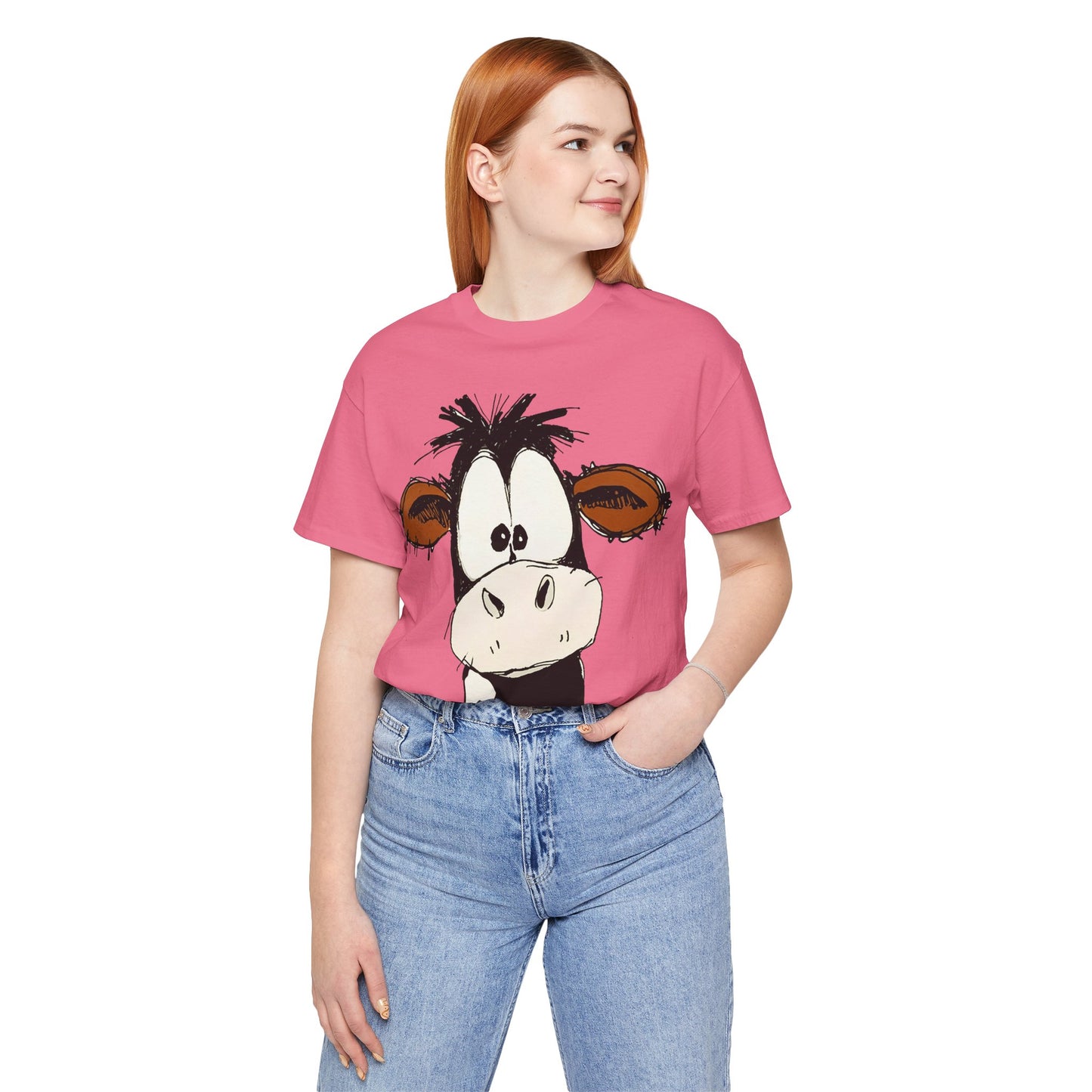 This STARTLED COW CARTOON Tee gives off a fun and quirky vibe, perfect for casual wear or as a statement piece. Ideal for those who love unique and whimsical designs.
