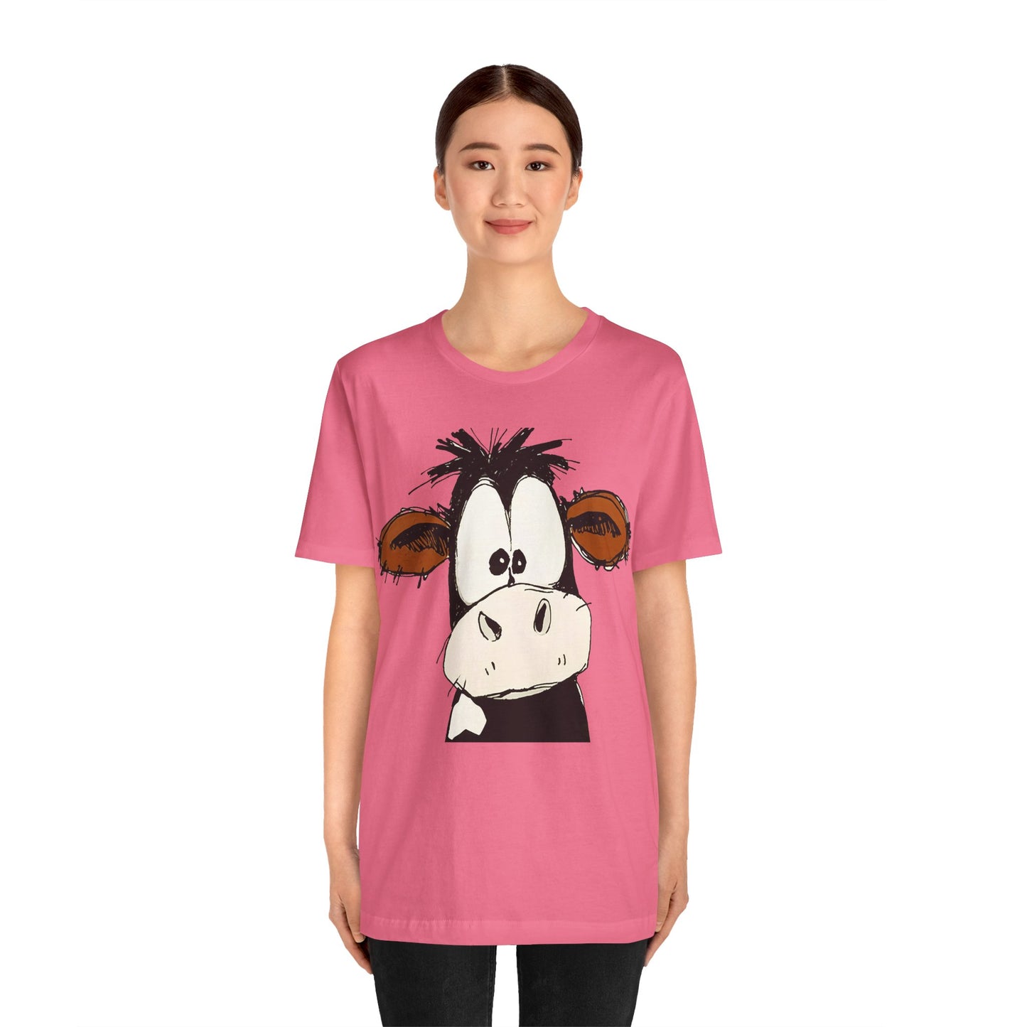 This STARTLED COW CARTOON Tee gives off a fun and quirky vibe, perfect for casual wear or as a statement piece. Ideal for those who love unique and whimsical designs.