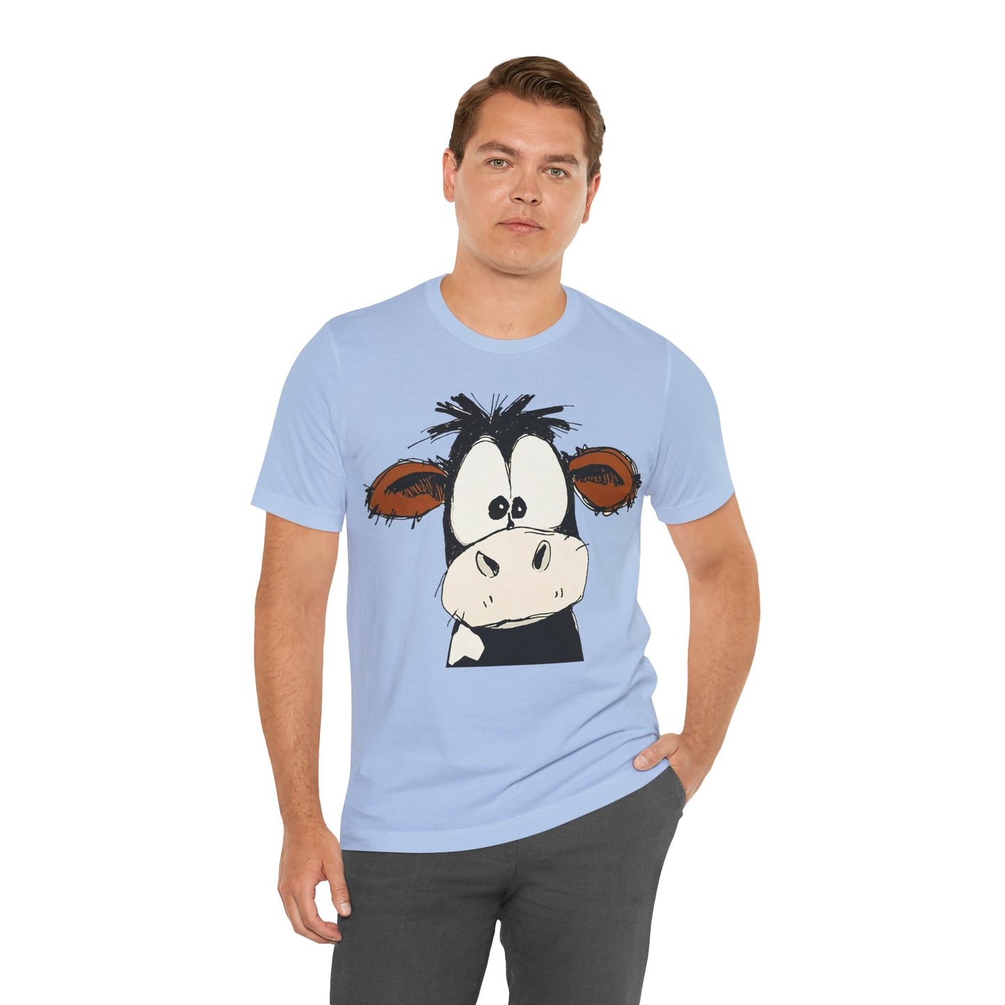 This STARTLED COW CARTOON Tee gives off a fun and quirky vibe, perfect for casual wear or as a statement piece. Ideal for those who love unique and whimsical designs.