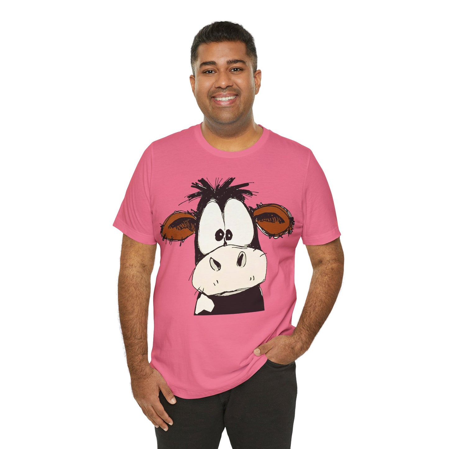 This STARTLED COW CARTOON Tee gives off a fun and quirky vibe, perfect for casual wear or as a statement piece. Ideal for those who love unique and whimsical designs.