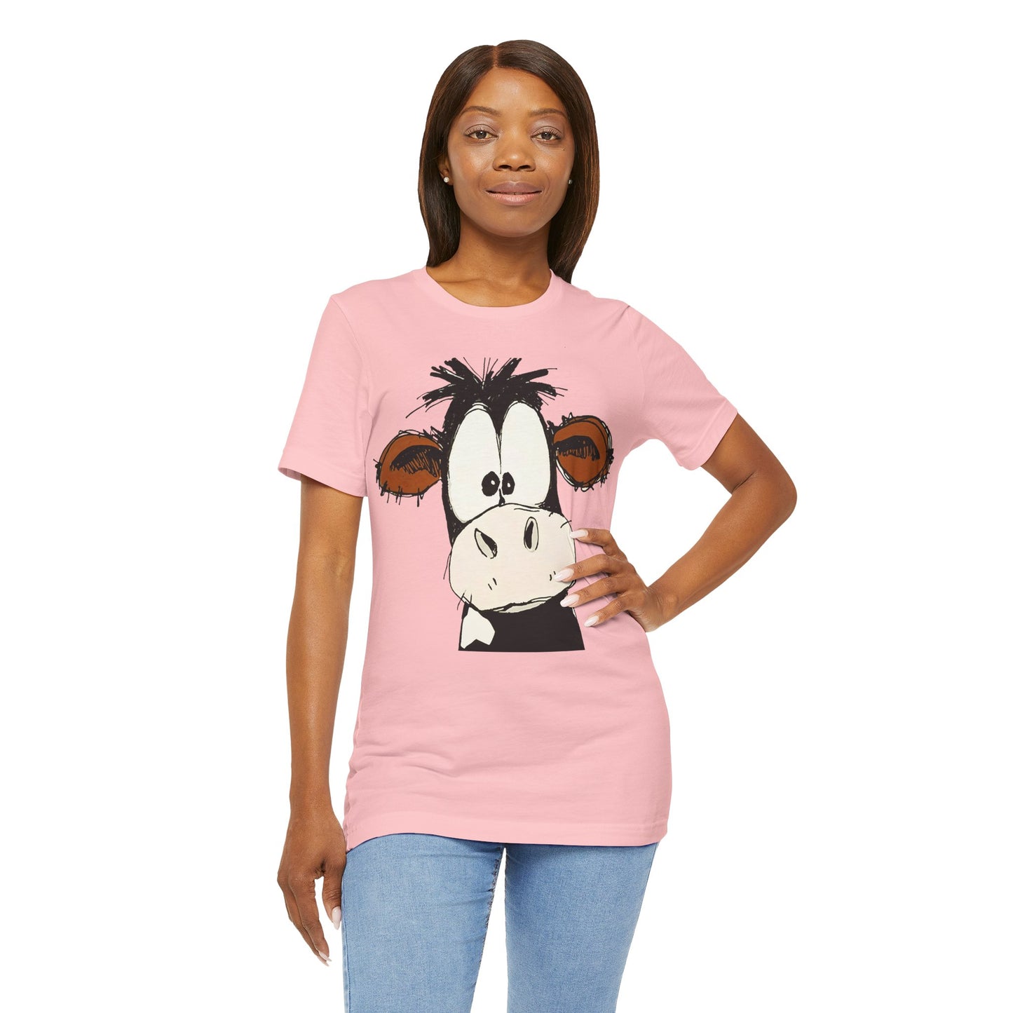 This STARTLED COW CARTOON Tee gives off a fun and quirky vibe, perfect for casual wear or as a statement piece. Ideal for those who love unique and whimsical designs.