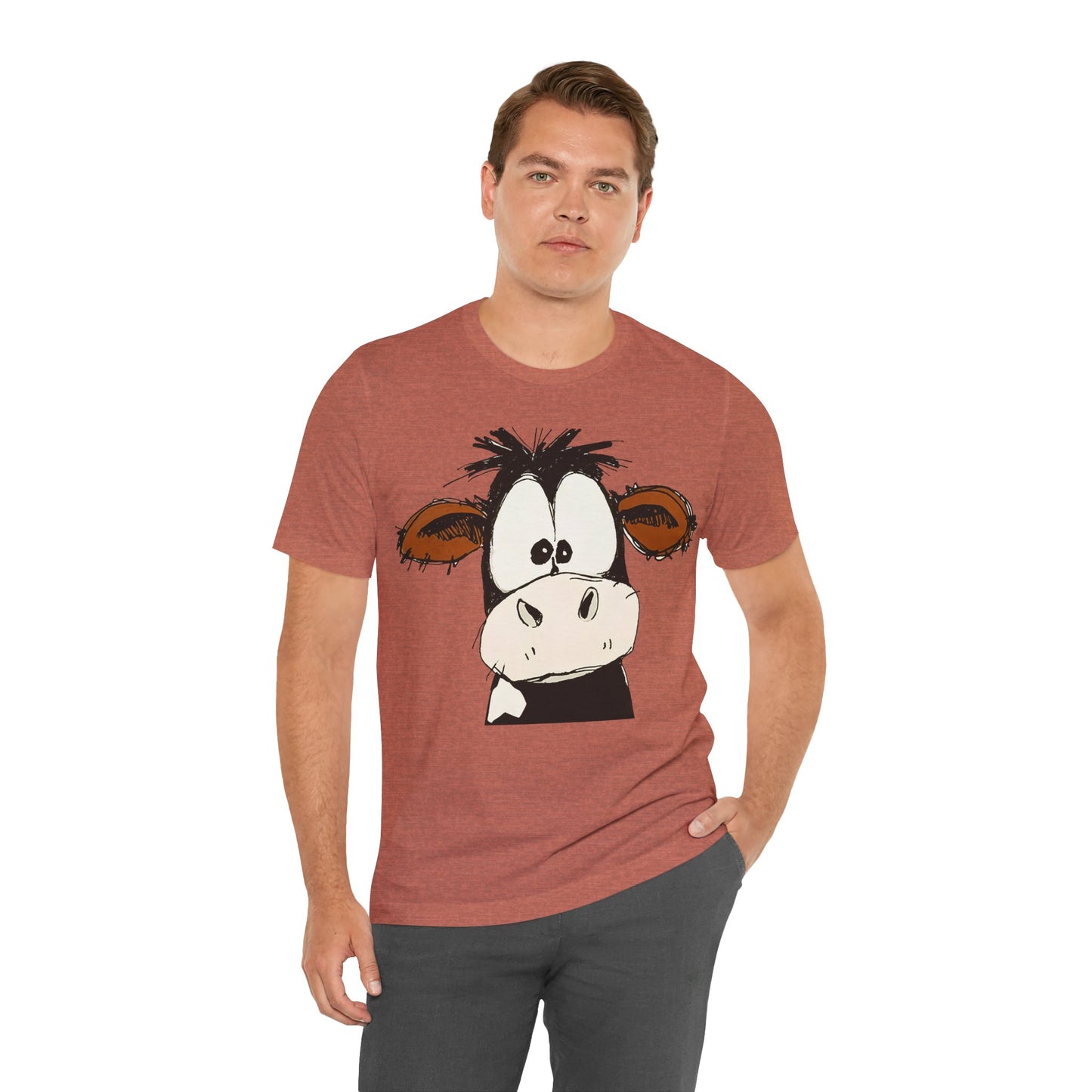 This STARTLED COW CARTOON Tee gives off a fun and quirky vibe, perfect for casual wear or as a statement piece. Ideal for those who love unique and whimsical designs.