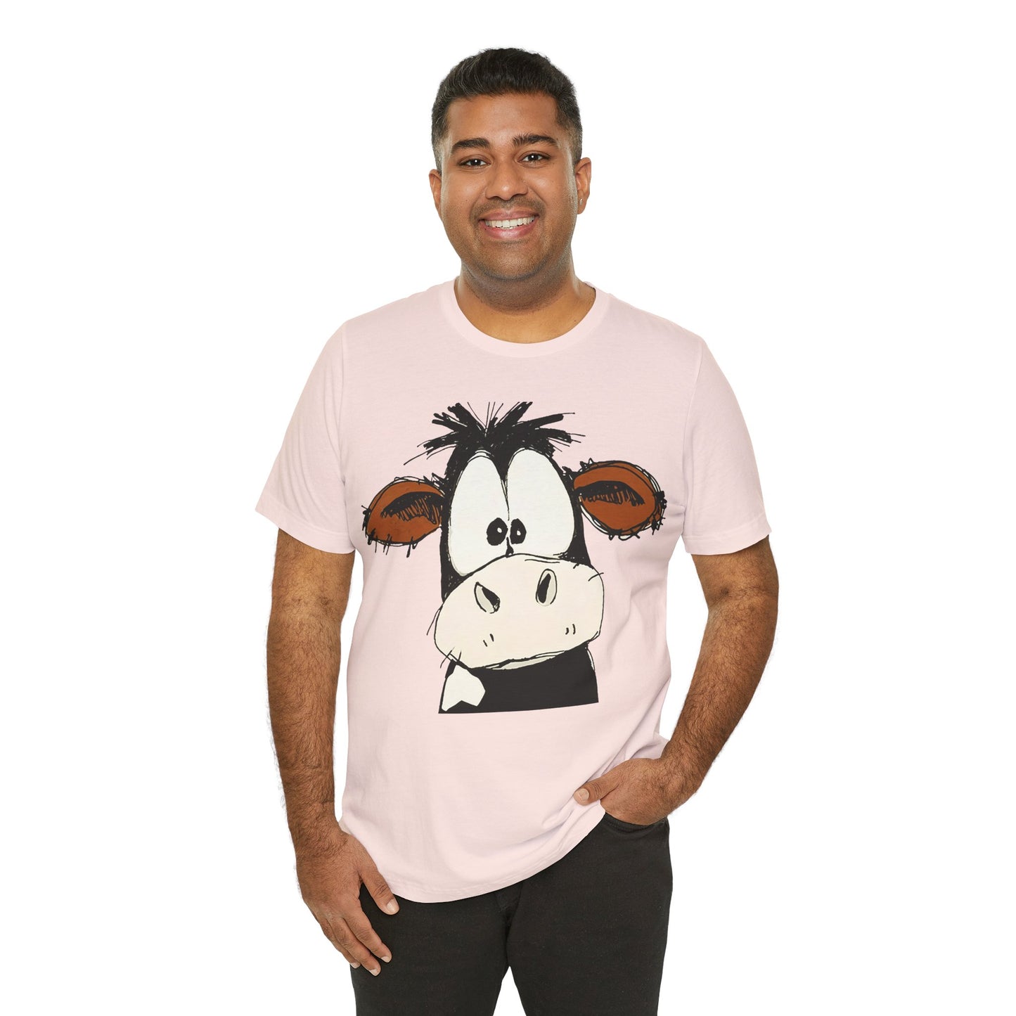 This STARTLED COW CARTOON Tee gives off a fun and quirky vibe, perfect for casual wear or as a statement piece. Ideal for those who love unique and whimsical designs.