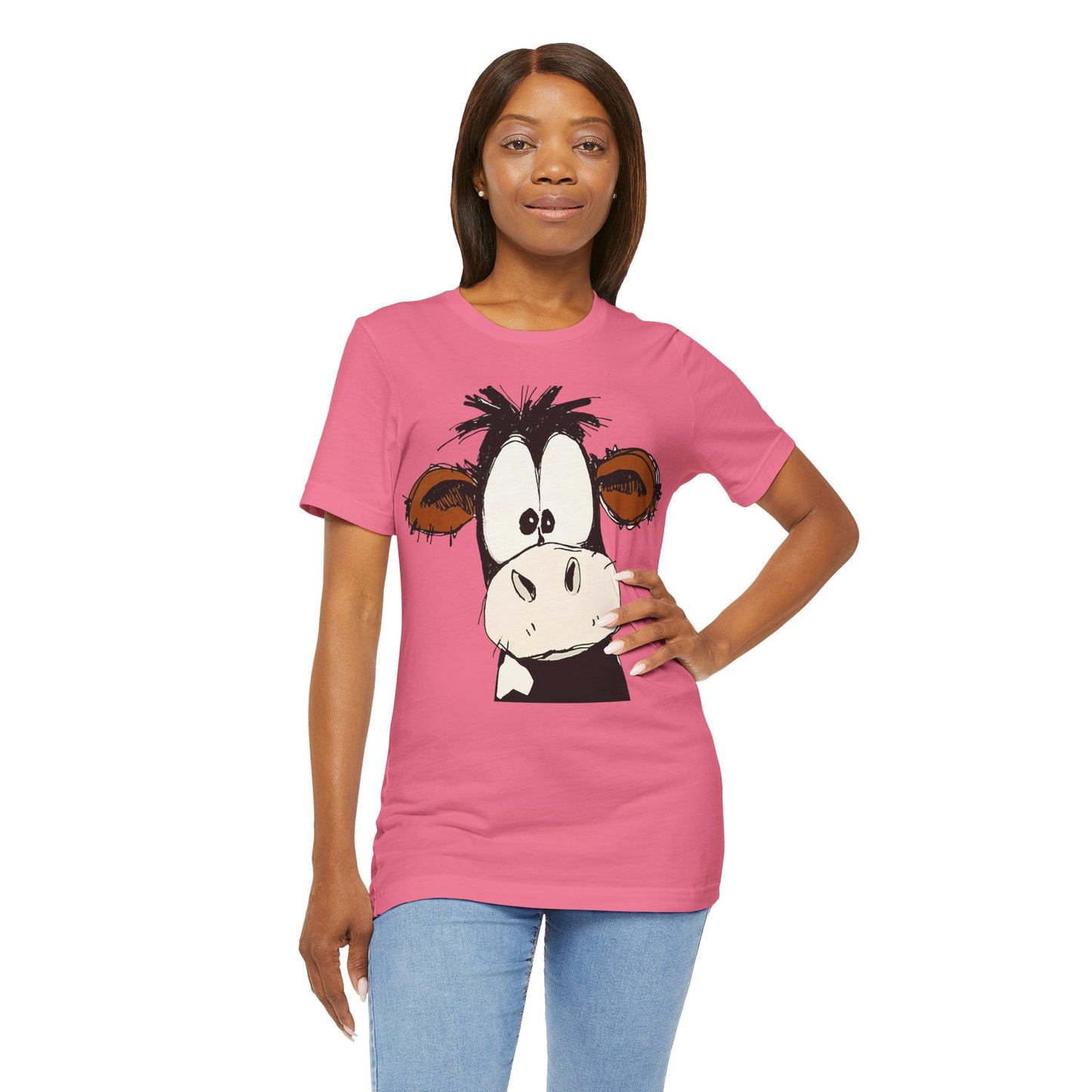 This STARTLED COW CARTOON Tee gives off a fun and quirky vibe, perfect for casual wear or as a statement piece. Ideal for those who love unique and whimsical designs.